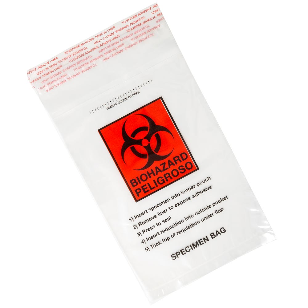 Globe Scientific Bag, Biohazard Specimen Transport, 6" x 10", Glue Seal with Document Pouch and Absorbent Pad Specimen Bags; Biohazard; Bag; Zipper Closure